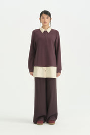 Coton Mixli Çizgili Örme Yakalı Tunik - Mürdüm