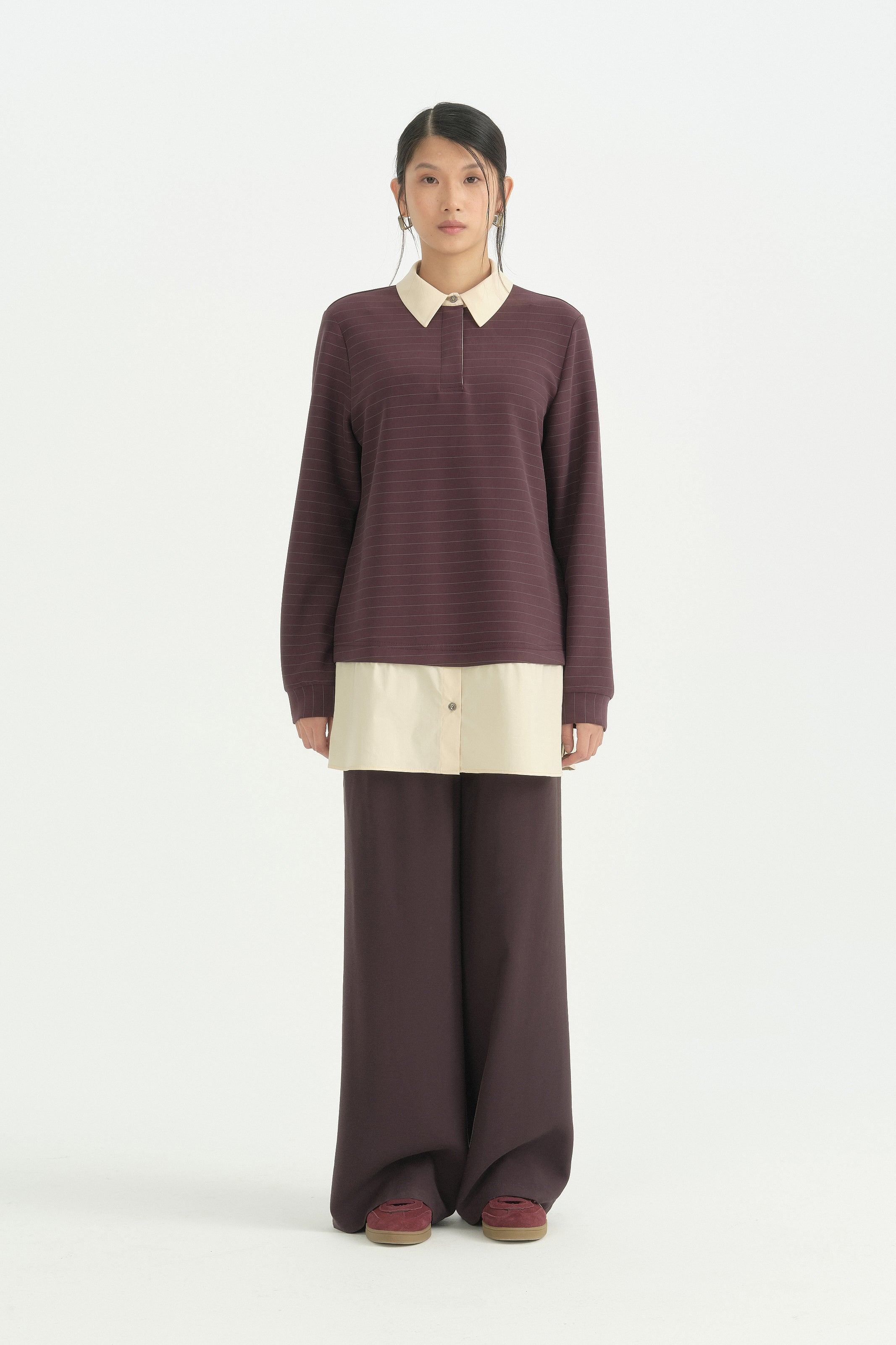 Coton Mixli Çizgili Örme Yakalı Tunik - Mürdüm