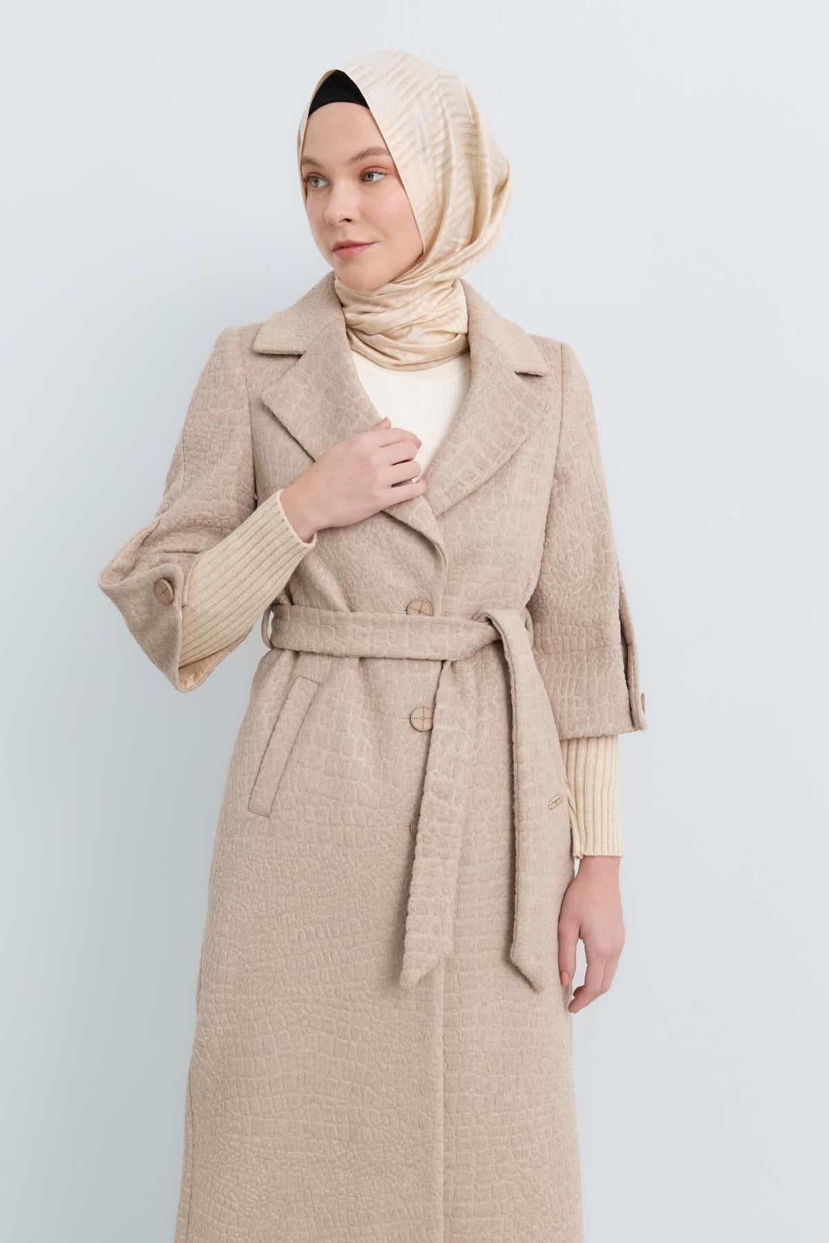 Crocidile Patterned Belted Coat - Mink