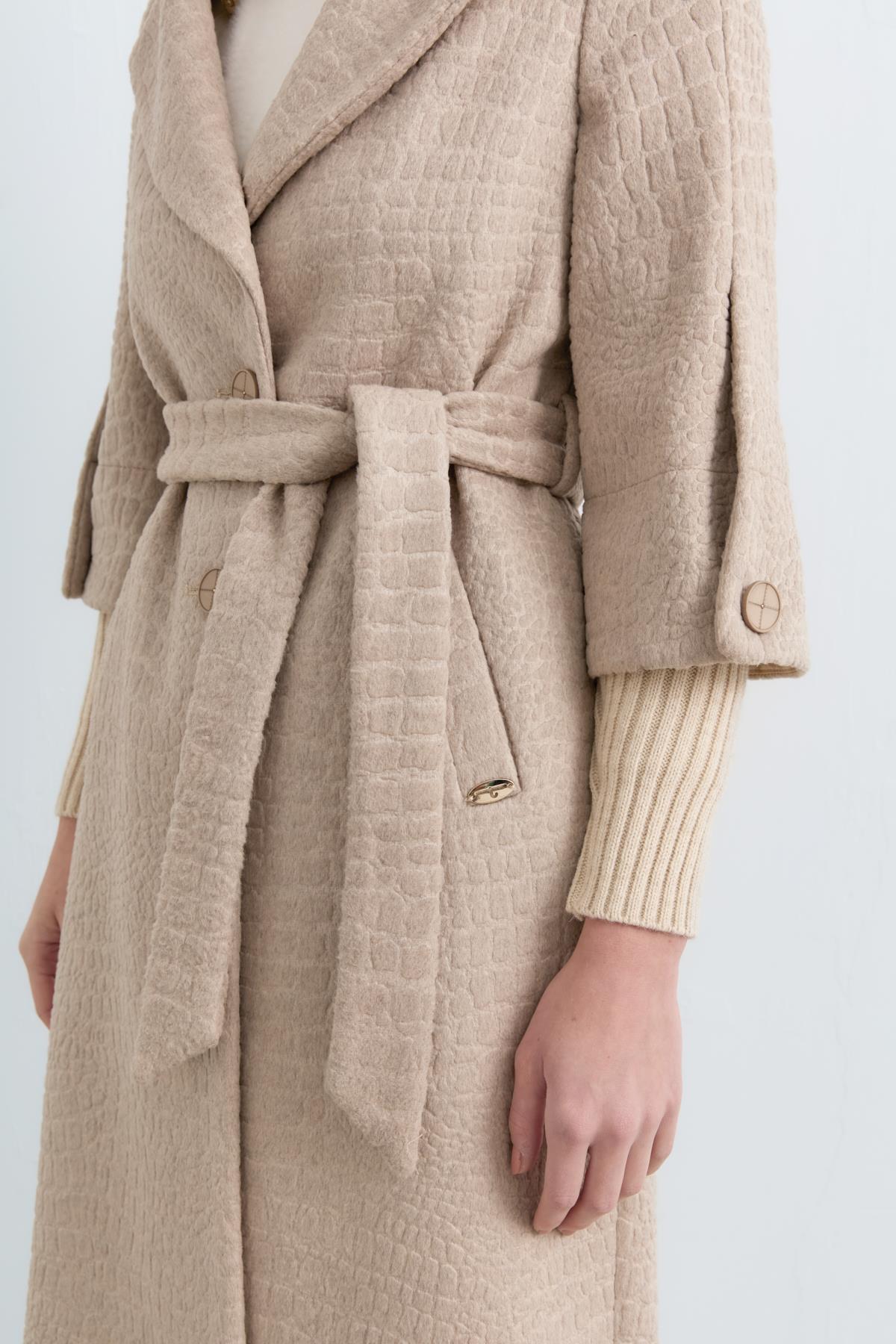 Crocidile Patterned Belted Coat - Mink