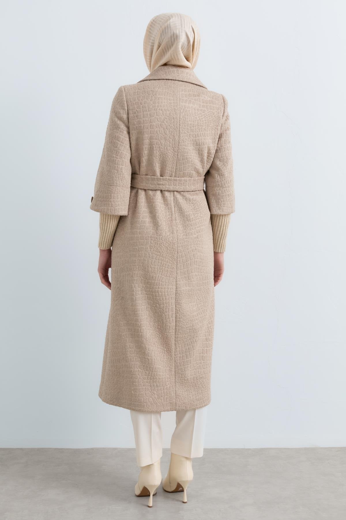 Crocidile Patterned Belted Coat - Mink