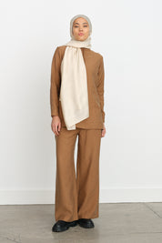 Lace Detail Tencel Pants Tunic Tencel Blend Set - Light Brown