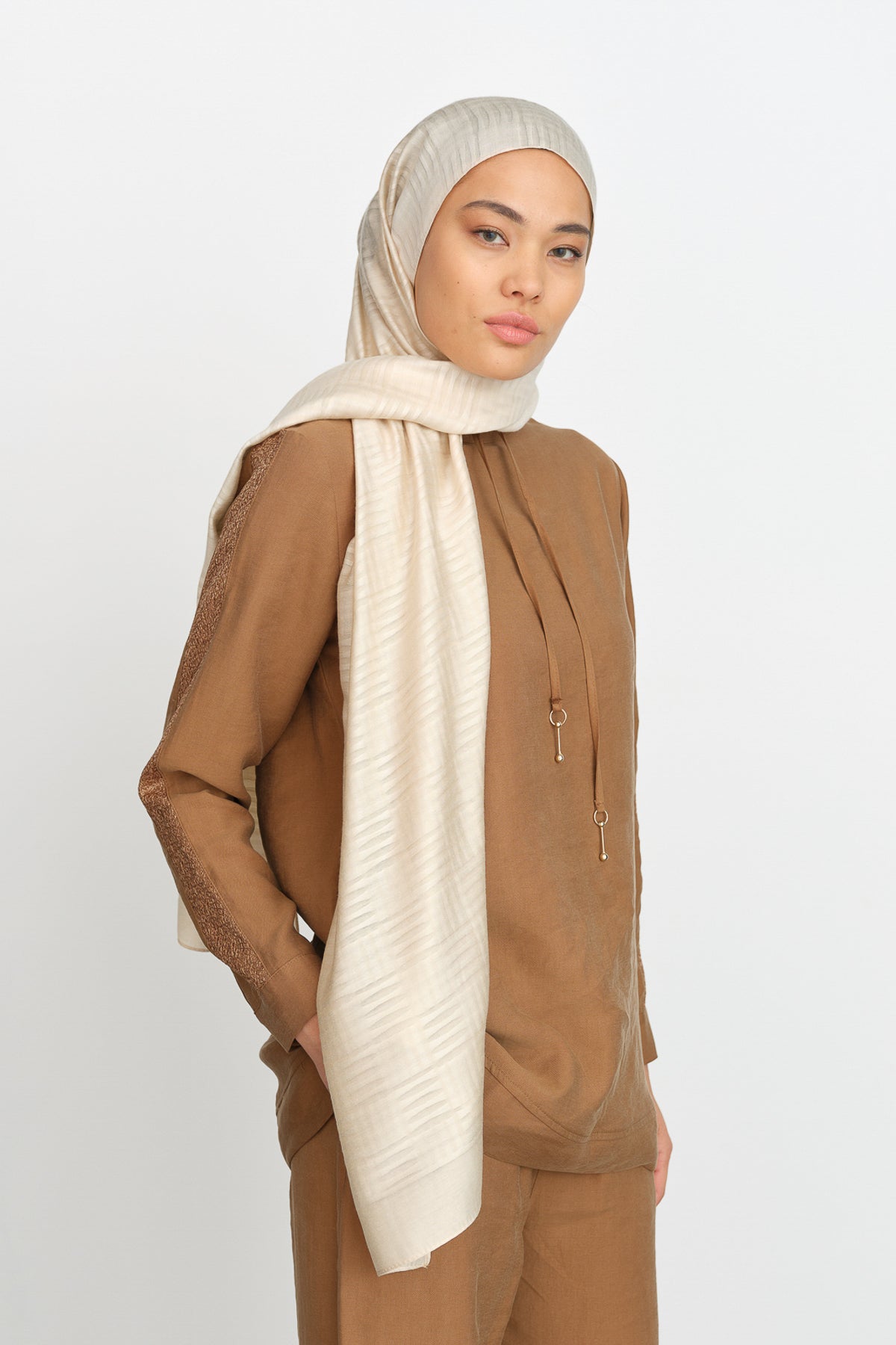 Lace Detail Tencel Pants Tunic Tencel Blend Set - Light Brown