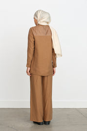 Lace Detail Tencel Pants Tunic Tencel Blend Set - Light Brown