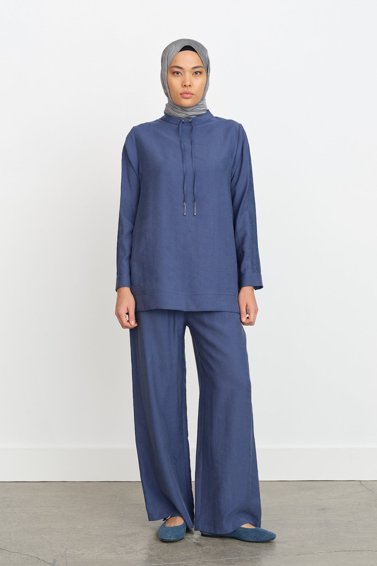 Lace Detailed Tencel Pants and Tunic Tencel Blend Set - Indigo