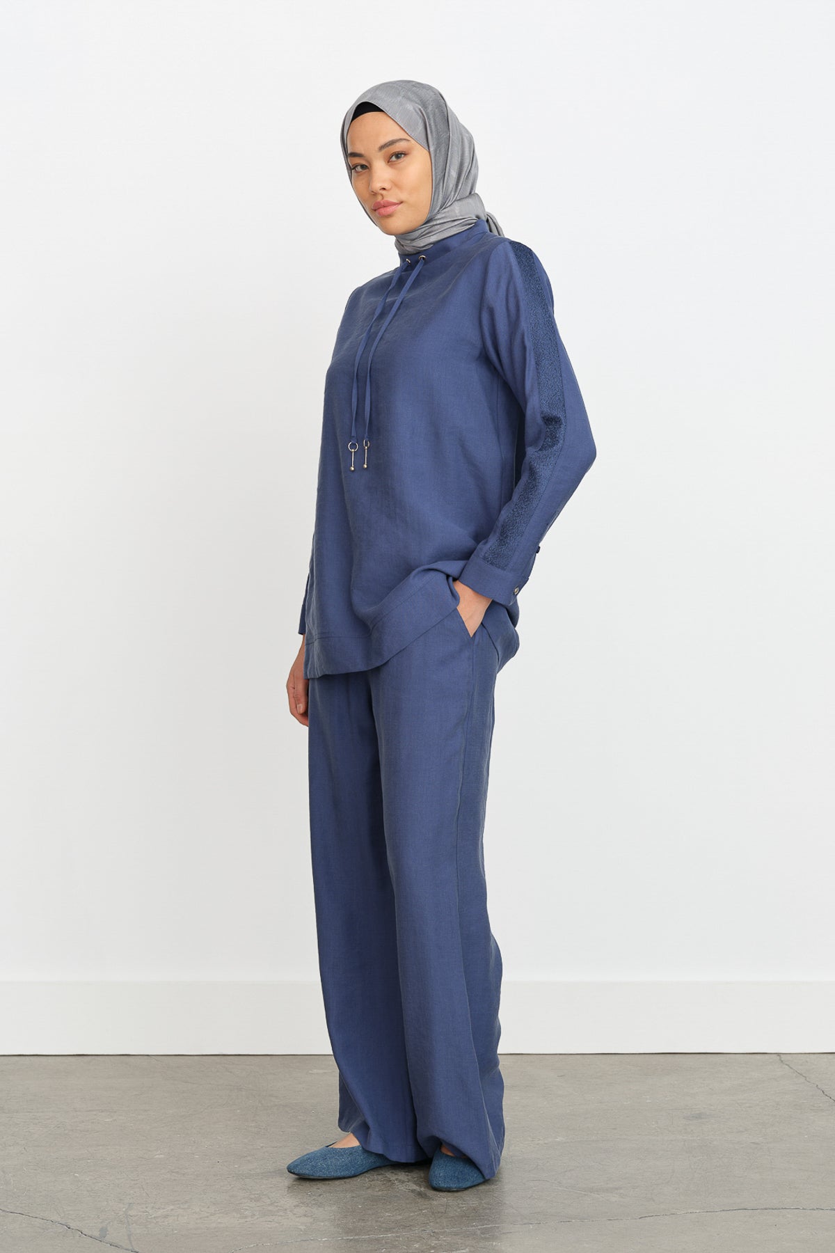 Lace Detailed Tencel Pants and Tunic Tencel Blend Set - Indigo