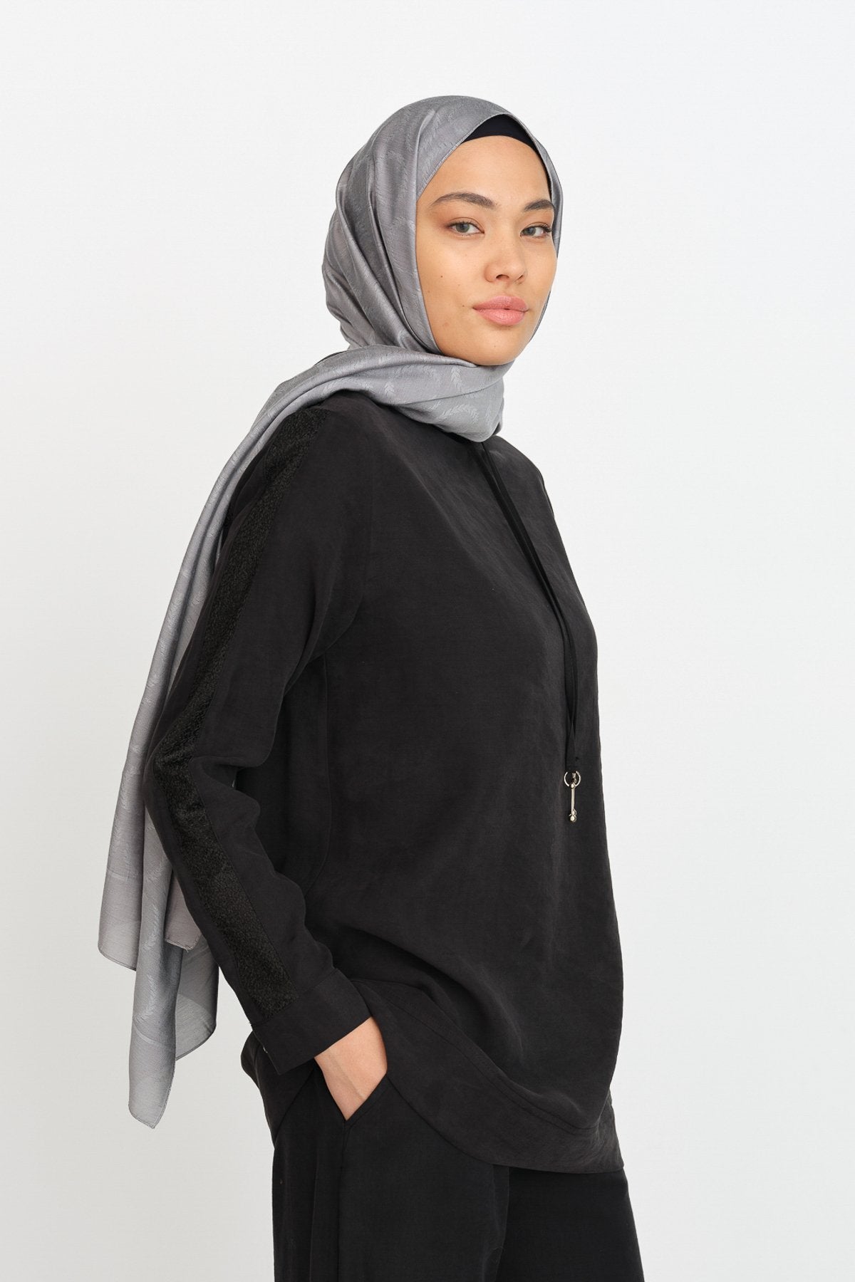 Dantel Detaylı Tencel Pantolon Tunik Tencel Karışım Takım - Siyah