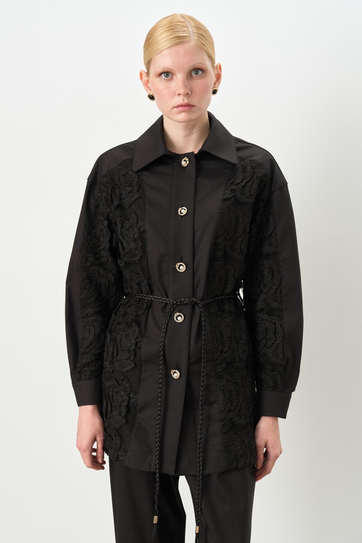 Lace Trimmed Jacket and Trousers Viscose Set - Black