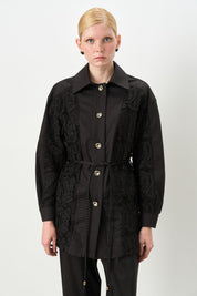 Lace Trimmed Jacket and Trousers Viscose Set - Black