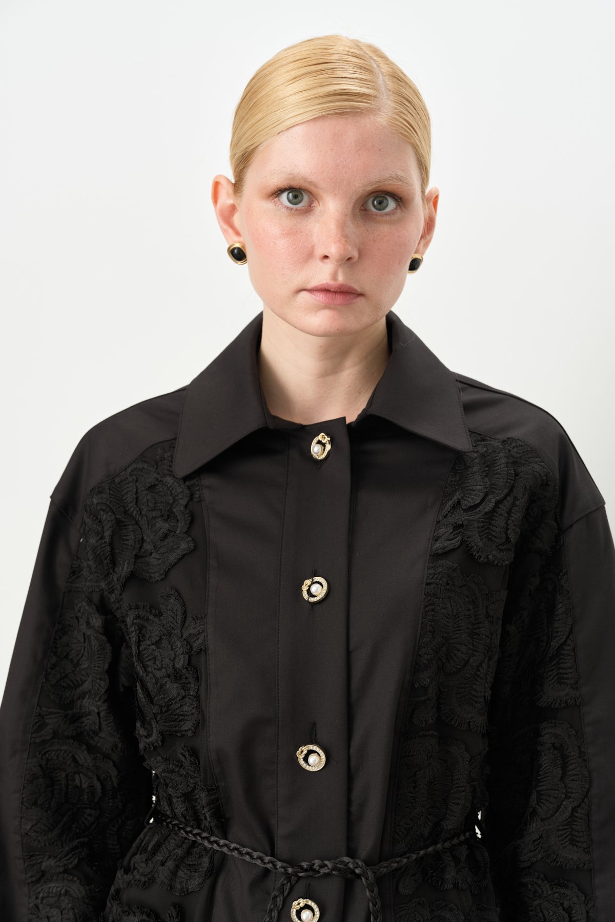 Lace Trimmed Jacket and Trousers Viscose Set - Black