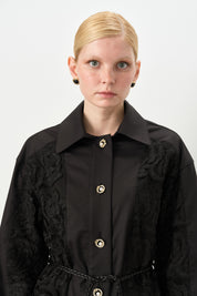 Lace Trimmed Jacket and Trousers Viscose Set - Black
