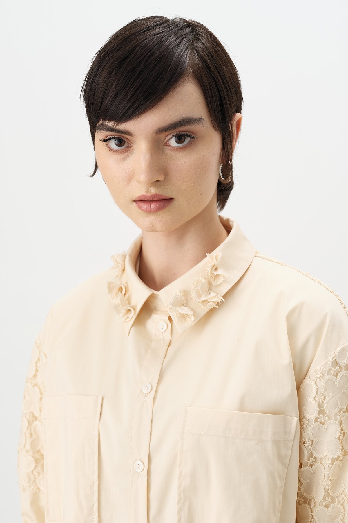 Lace Shirt Collar Cotton Tunic - Beige