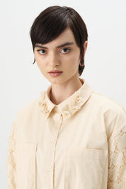 Lace Shirt Collar Cotton Tunic - Beige