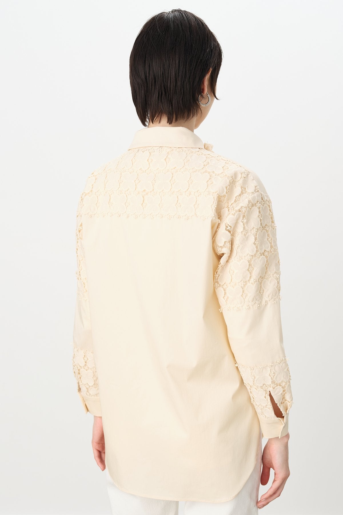 Lace Shirt Collar Cotton Tunic - Beige
