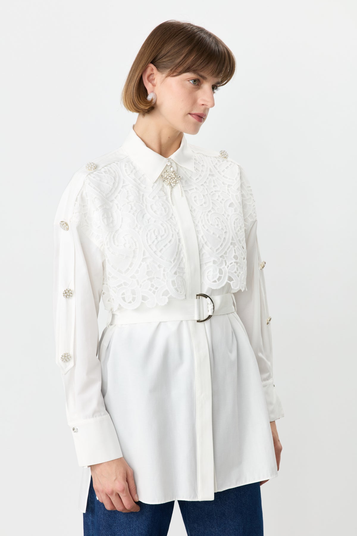 Lace and Pearl Embellished Cotton Tunic - Ecru