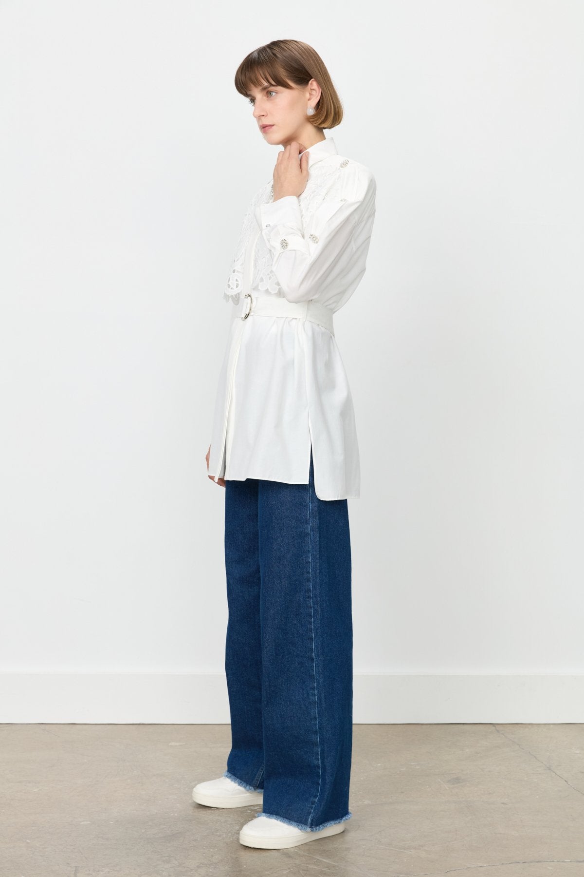 Lace and Pearl Embellished Cotton Tunic - Ecru