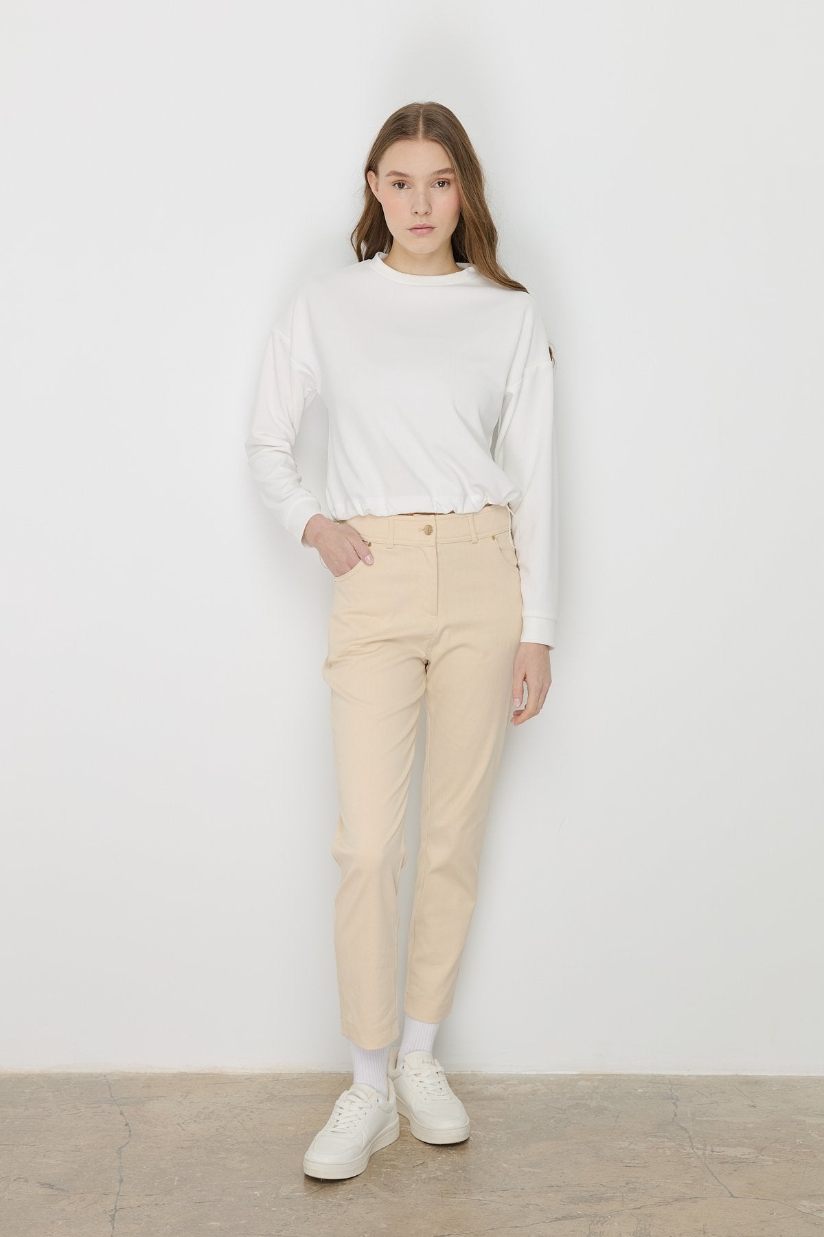 Dar Paça Kanvas Denim Pantolon - Krem