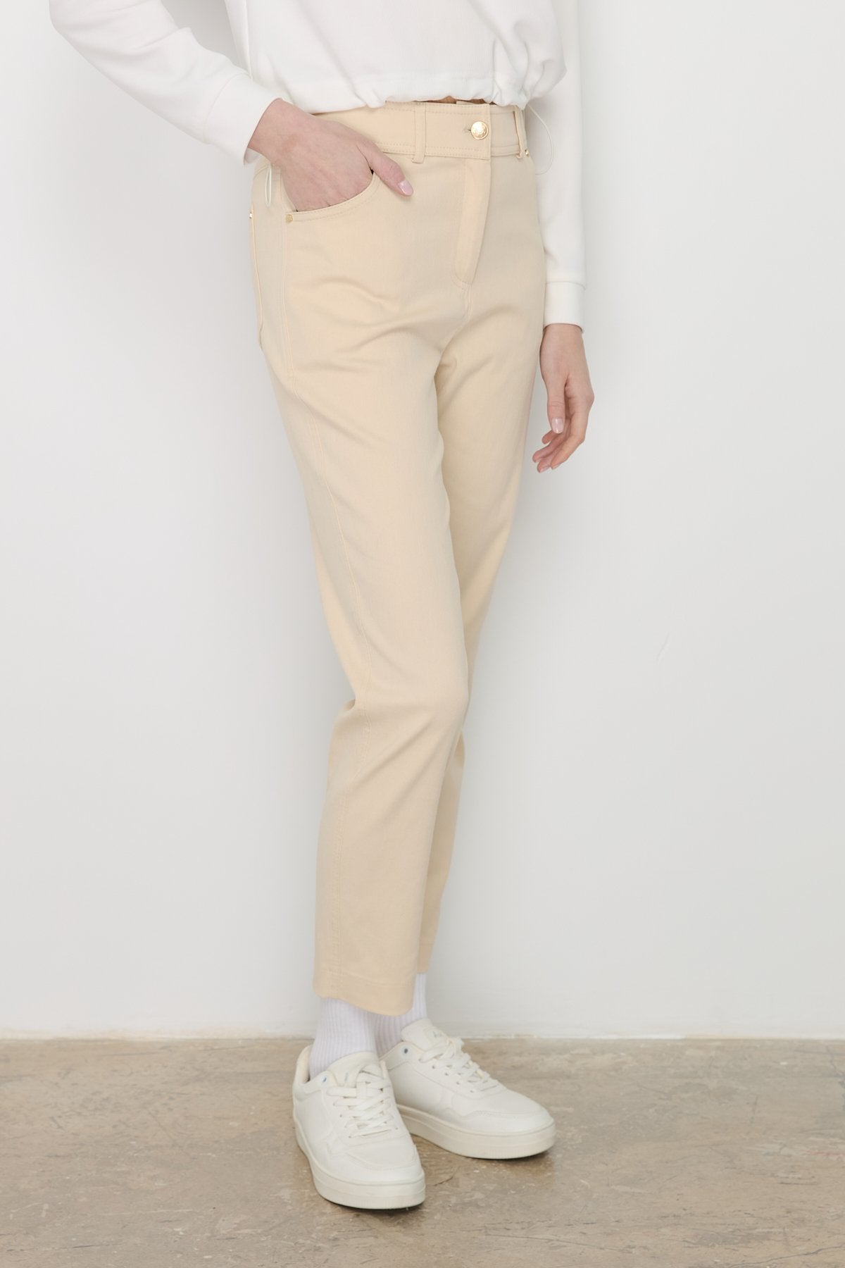 Dar Paça Kanvas Denim Pantolon - Krem