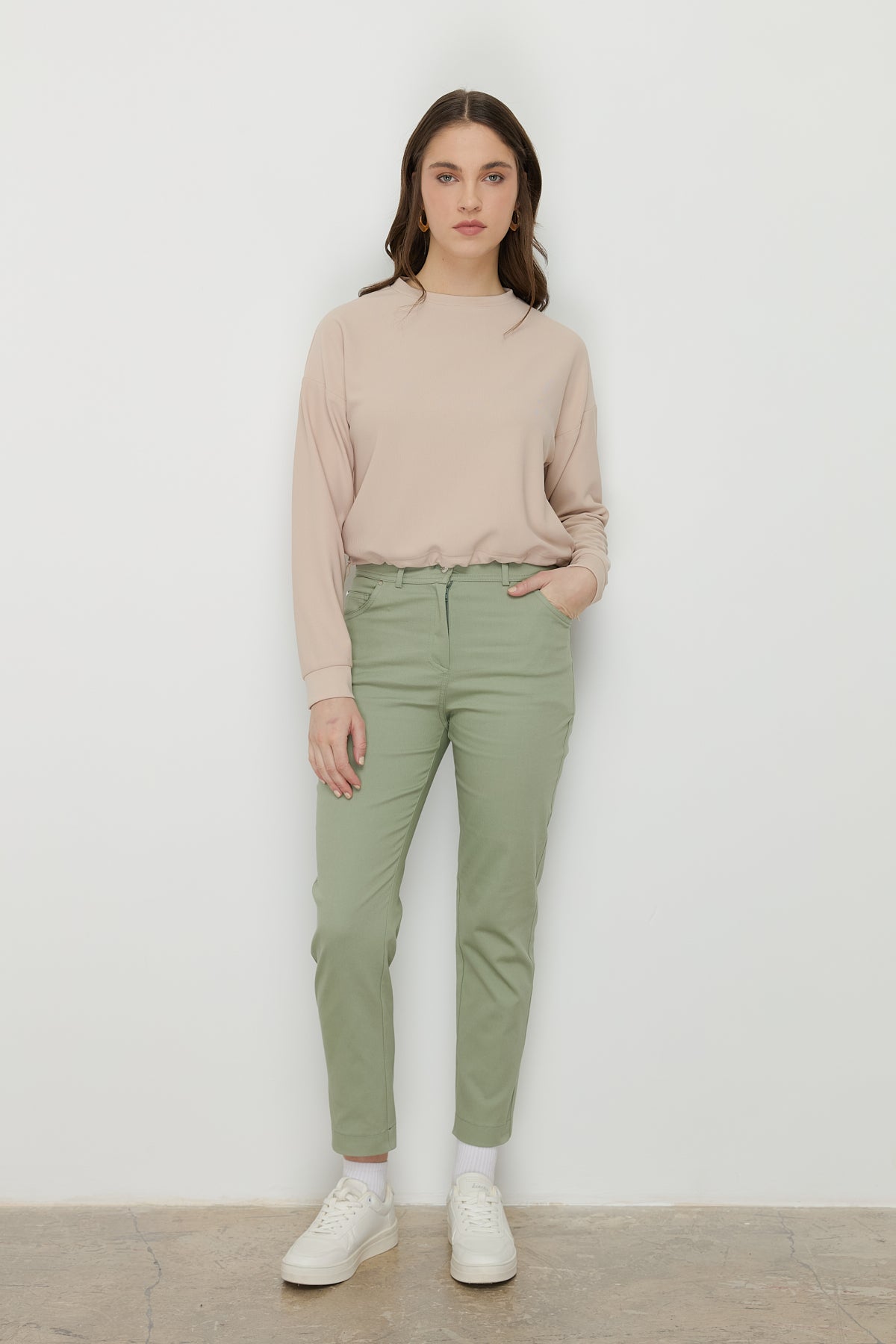 Dar Paça Kanvas Denim Pantolon - Yeşil