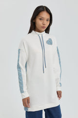 Denim Detaylı Örme Tunik - Beyaz