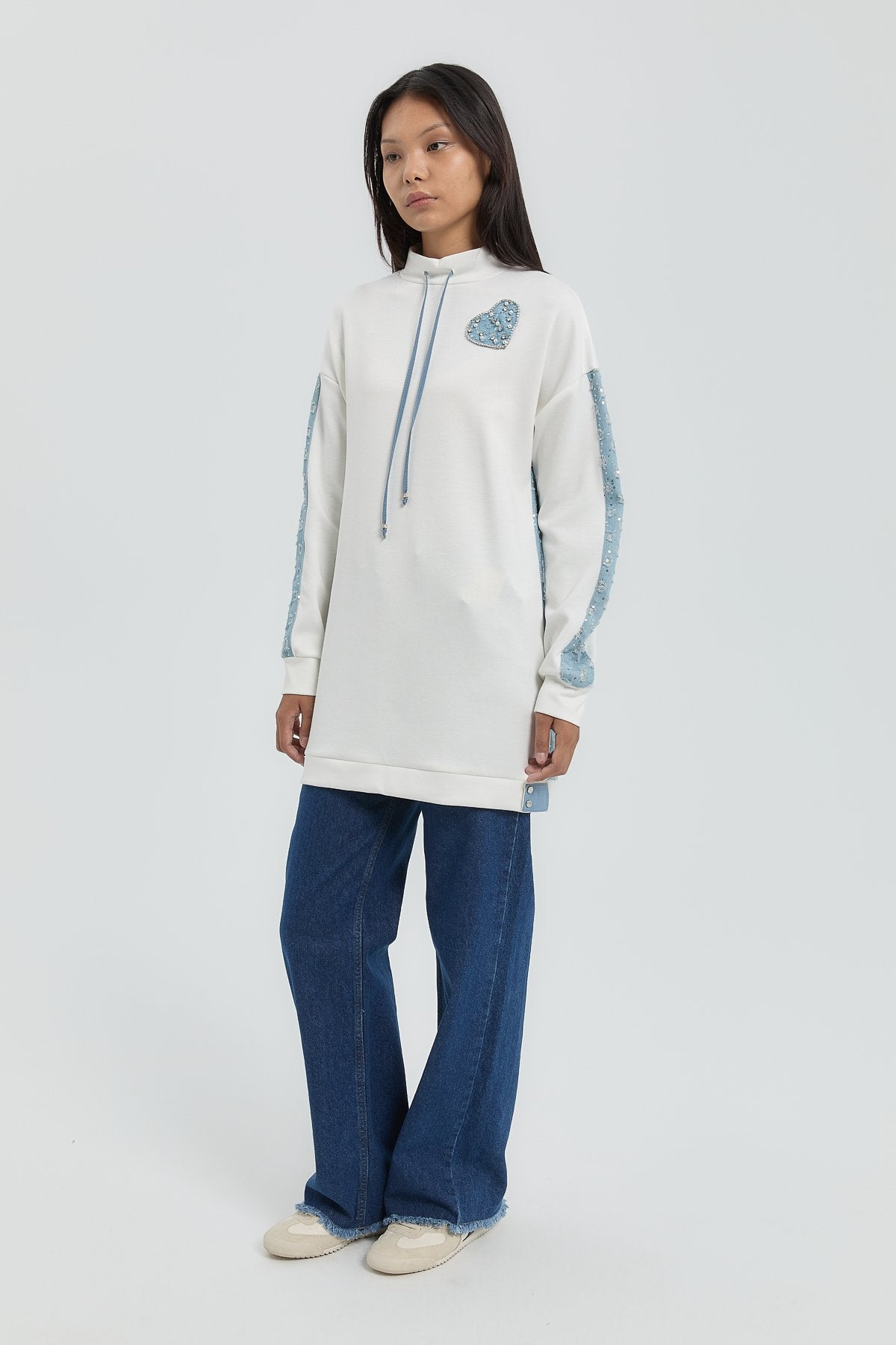 Denim Detaylı Örme Tunik - Beyaz