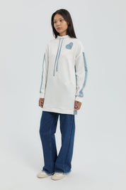 Denim Detaylı Örme Tunik - Beyaz