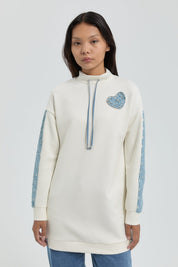Denim Detaylı Örme Tunik - Ekru