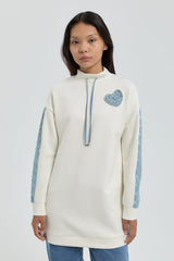 Denim Detaylı Örme Tunik - Ekru