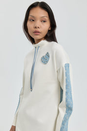 Denim Detaylı Örme Tunik - Ekru