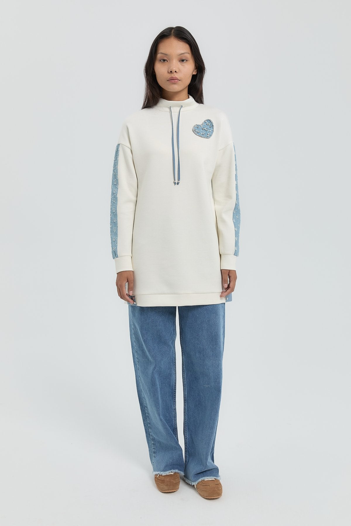 Denim Detaylı Örme Tunik - Ekru