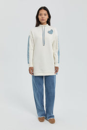 Denim Detaylı Örme Tunik - Ekru