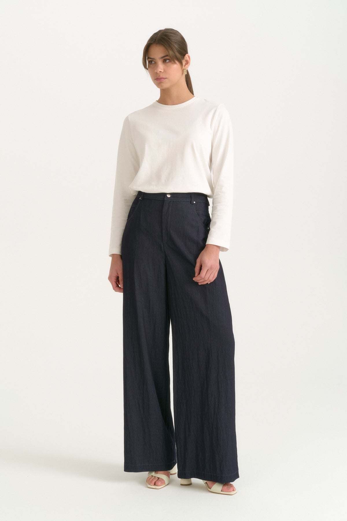 Denim Görünümlü 5 Cepli Bol Paça Rayon Pantolon - İndigo