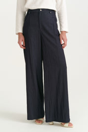 Denim Görünümlü 5 Cepli Bol Paça Rayon Pantolon - İndigo