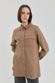 Denim Görünümlü Cep Detaylı Tunik - Camel