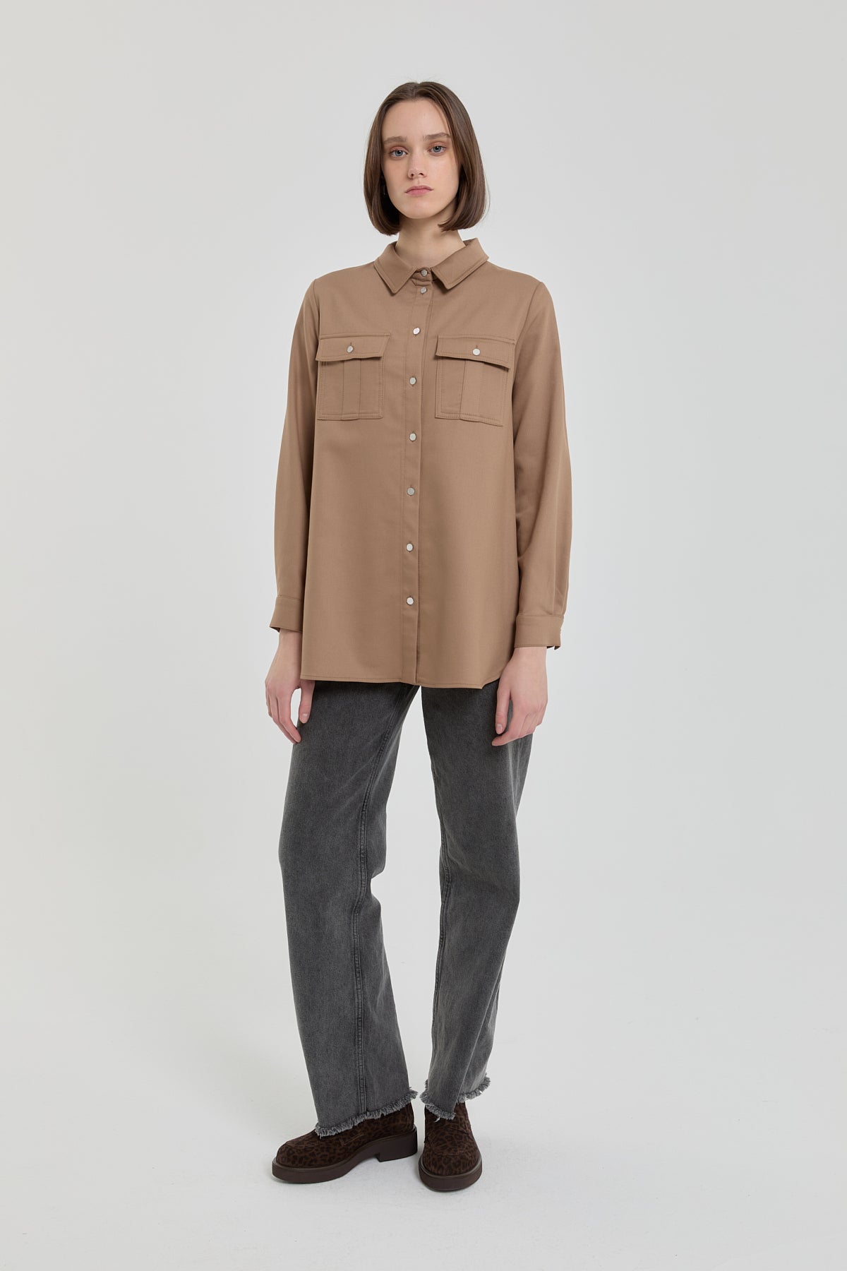 Denim Görünümlü Cep Detaylı Tunik - Camel
