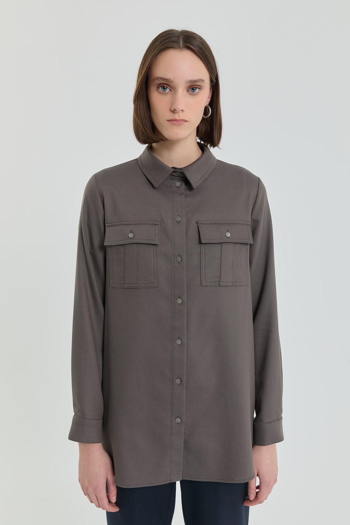 Denim Görünümlü Cep Detaylı Tunik - Füme