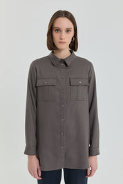 Denim Görünümlü Cep Detaylı Tunik - Füme