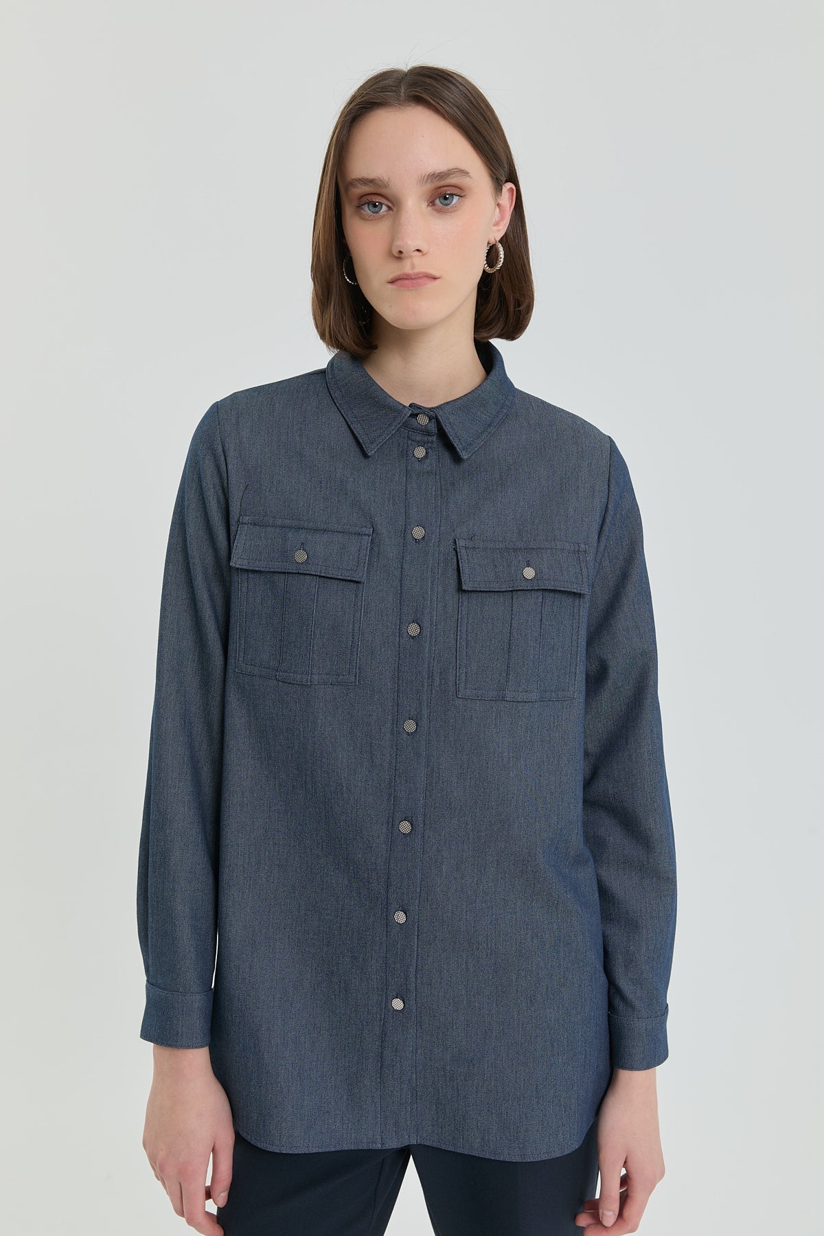 Denim Görünümlü Cep Detaylı Tunik - İndigo