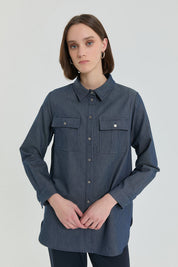 Denim Görünümlü Cep Detaylı Tunik - İndigo