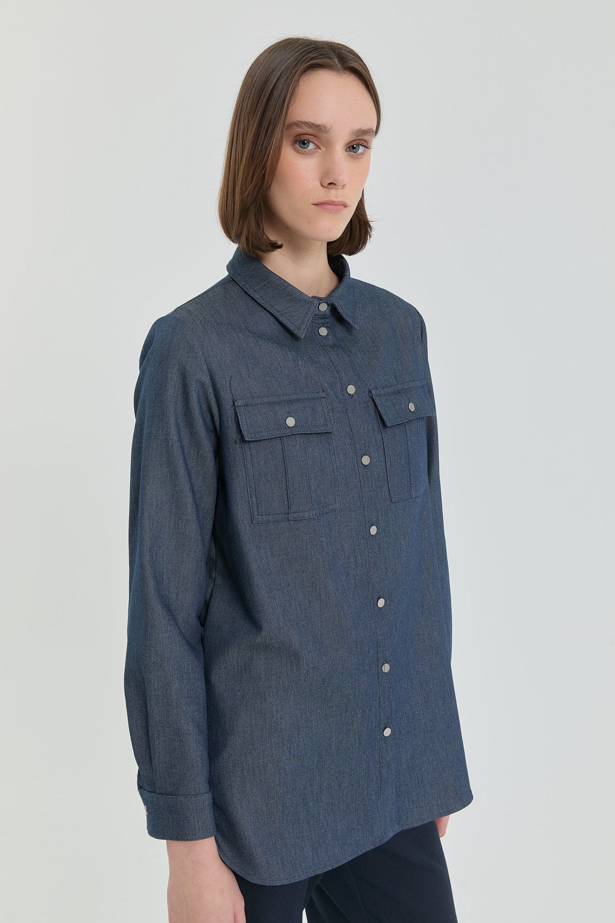 Denim Görünümlü Cep Detaylı Tunik - İndigo