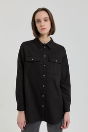 Denim Görünümlü Cep Detaylı Tunik - Siyah