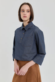 Denim Görünümlü Crop Bluz - İndigo