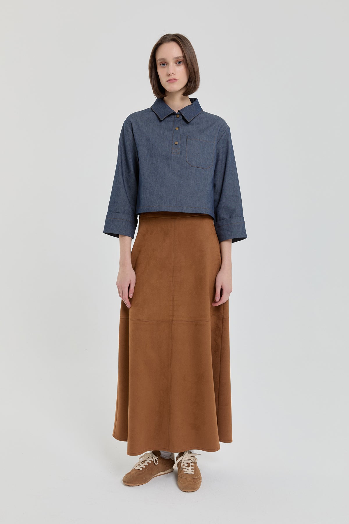 Denim Görünümlü Crop Bluz - İndigo