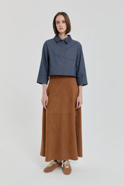 Denim Görünümlü Crop Bluz - İndigo
