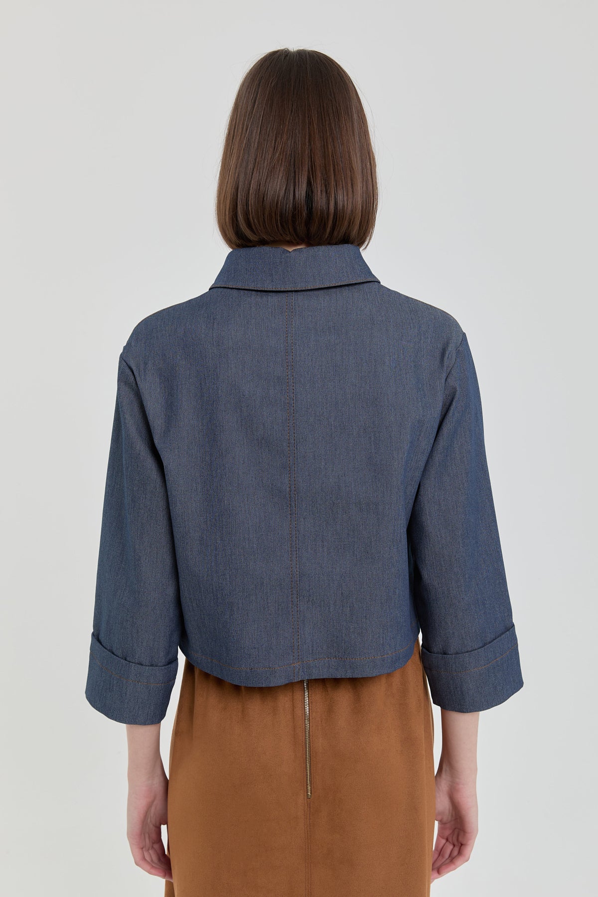 Denim Görünümlü Crop Bluz - İndigo