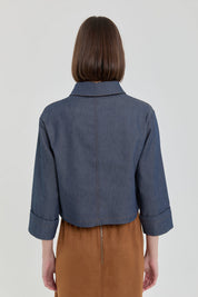 Denim Görünümlü Crop Bluz - İndigo