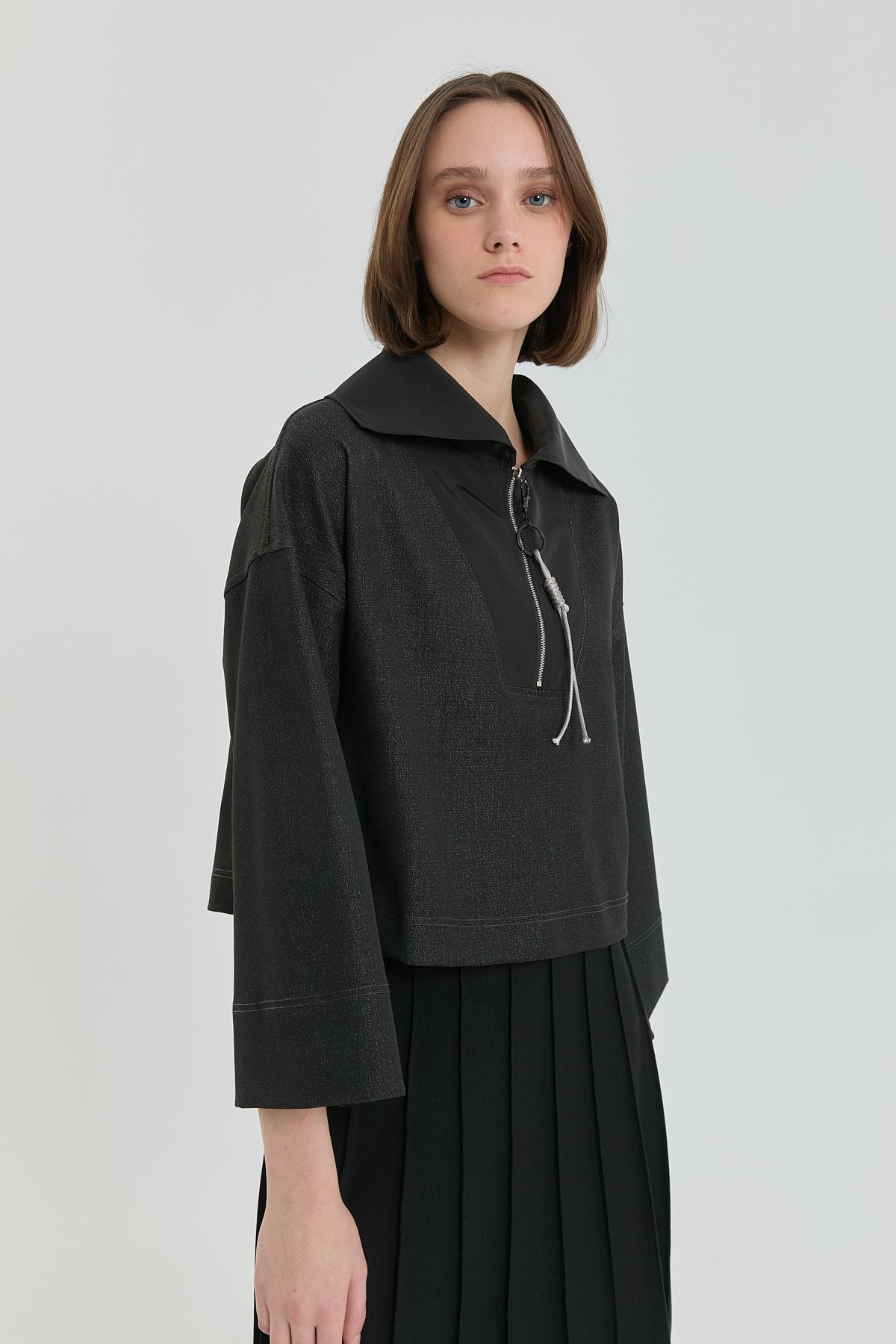 Denim Görünümlü Crop Sweat - Siyah