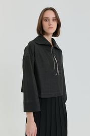 Denim Görünümlü Crop Sweat - Siyah