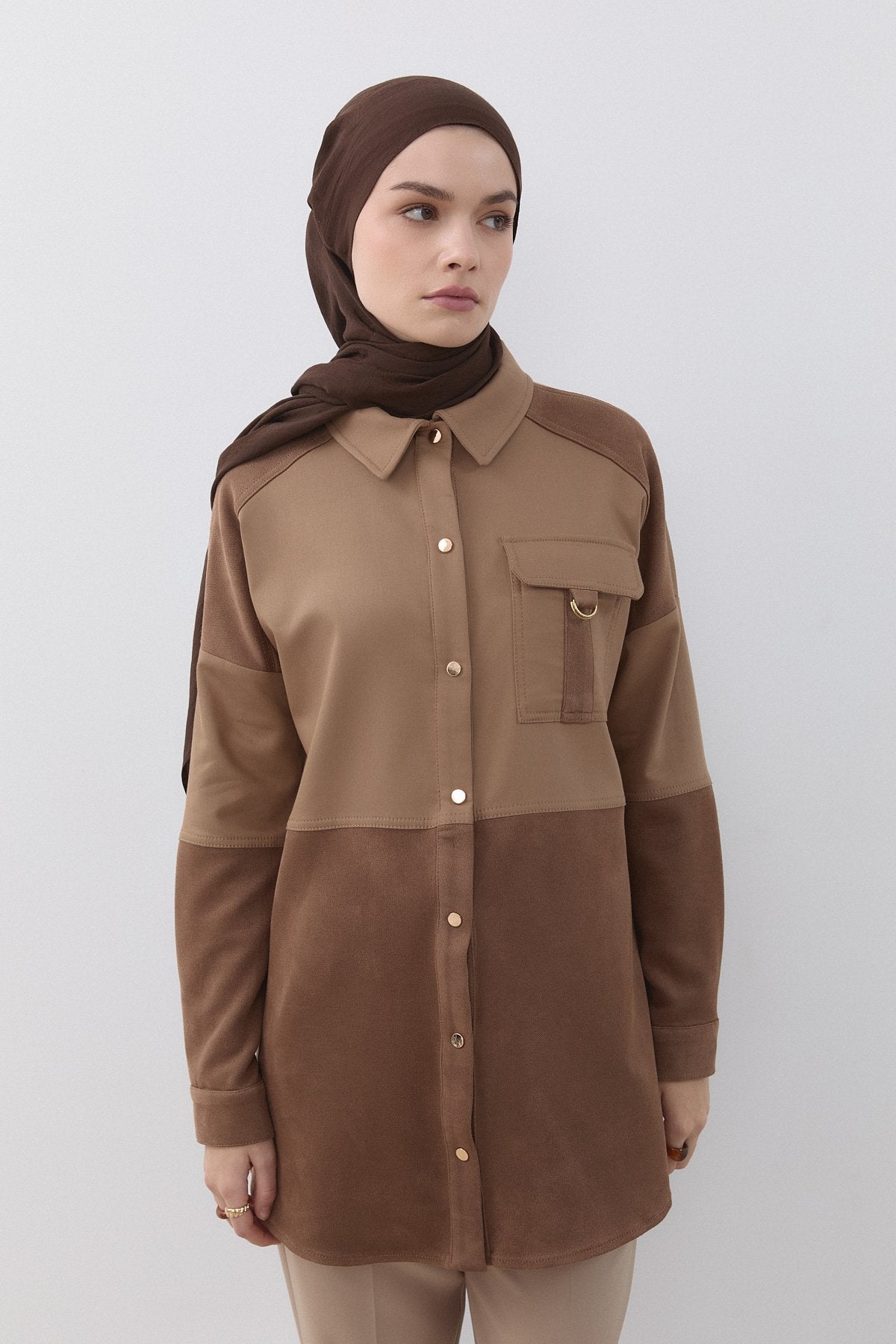 Denim Görünümlü D Toka Detaylı Tunik - Camel