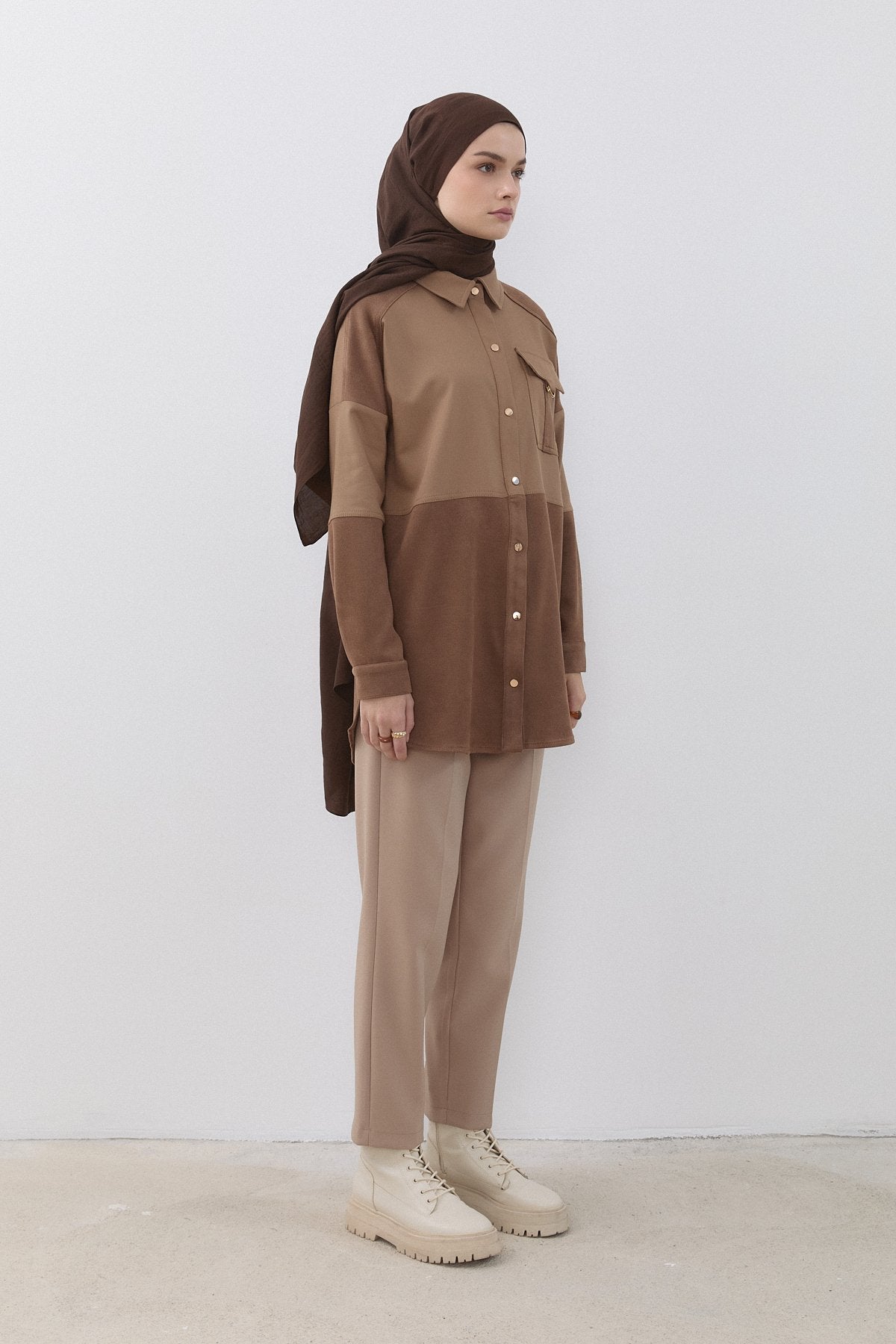Denim Görünümlü D Toka Detaylı Tunik - Camel